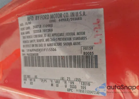 2001 Ford Mustang Gt z USA, uszkodzony, nr VIN 1FAFP45X31F115506